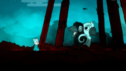 Bo Path of the Teal Lotus Nintendo Switch inspired design featuring hand drawn fantasy platform adventure aesthetic Japanese folklore inspiration graceful acrobatic combat mystical spirits beautiful watercolor environments metroidvania exploration gameplay presentation gameplay