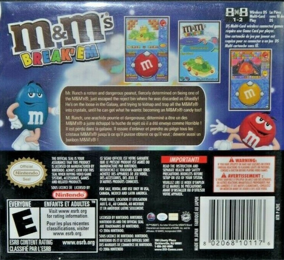 M&M’s Break’Em Nintendo DS video game, puzzle action gameplay, candy-themed adventure, family-friendly handheld console title back cover