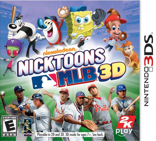 Nicktoons MLB 3D Nintendo 3DS video game featuring arcade style baseball gameplay Nickelodeon cartoon characters official MLB teams multiplayer modes and colorful family friendly sports action in immersive 3D cover art