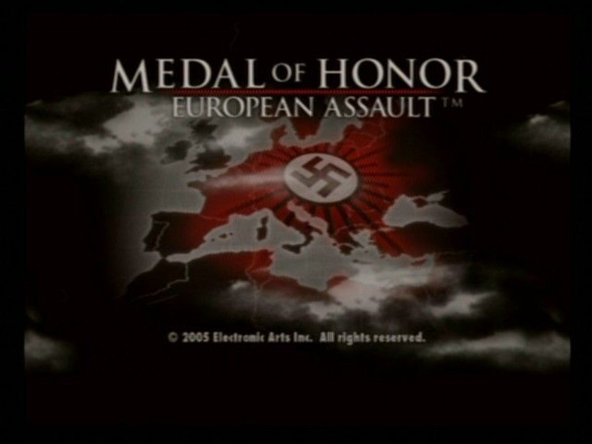 Meda of Honor European Assault [Greatest Hits] title screen for PlayStation 2 video game. 