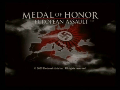 Meda of Honor European Assault [Greatest Hits] title screen for PlayStation 2 video game. 