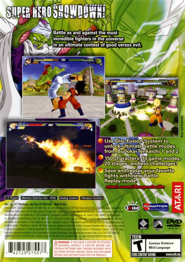 Dragon Ball Z: Budokai Tenkaichi 3 [Greatest Hits] back of case for PlayStation 2 (PS2) anime-based 3D arena fighting video game