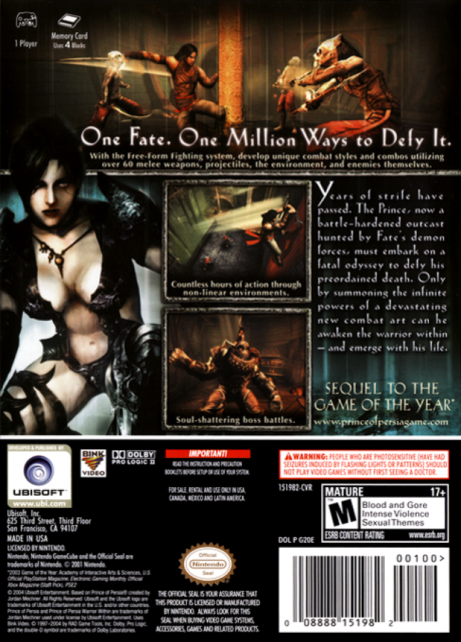 Prince of Persia Warrior Within for GameCube featuring intense action adventure gameplay with dark fantasy themes back cover
