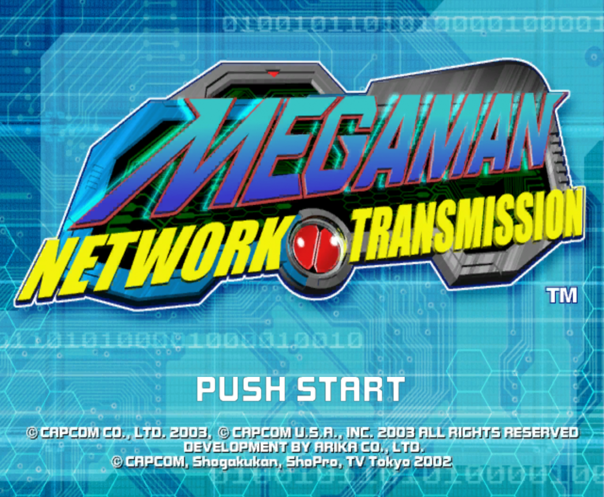 Mega Man Network Transmission GameCube GC video game, action platformer, MegaMan Battle Network series, sci-fi adventure, Nintendo GameCube title sceen