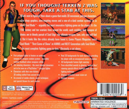 Soul Blade PlayStation PS1 for fighting video game fans featuring weapon based combat legendary warriors arcade style battles martial arts action character selection special attacks tournament gameplay classic 3D fighting experience collectible gaming appeal back cover art