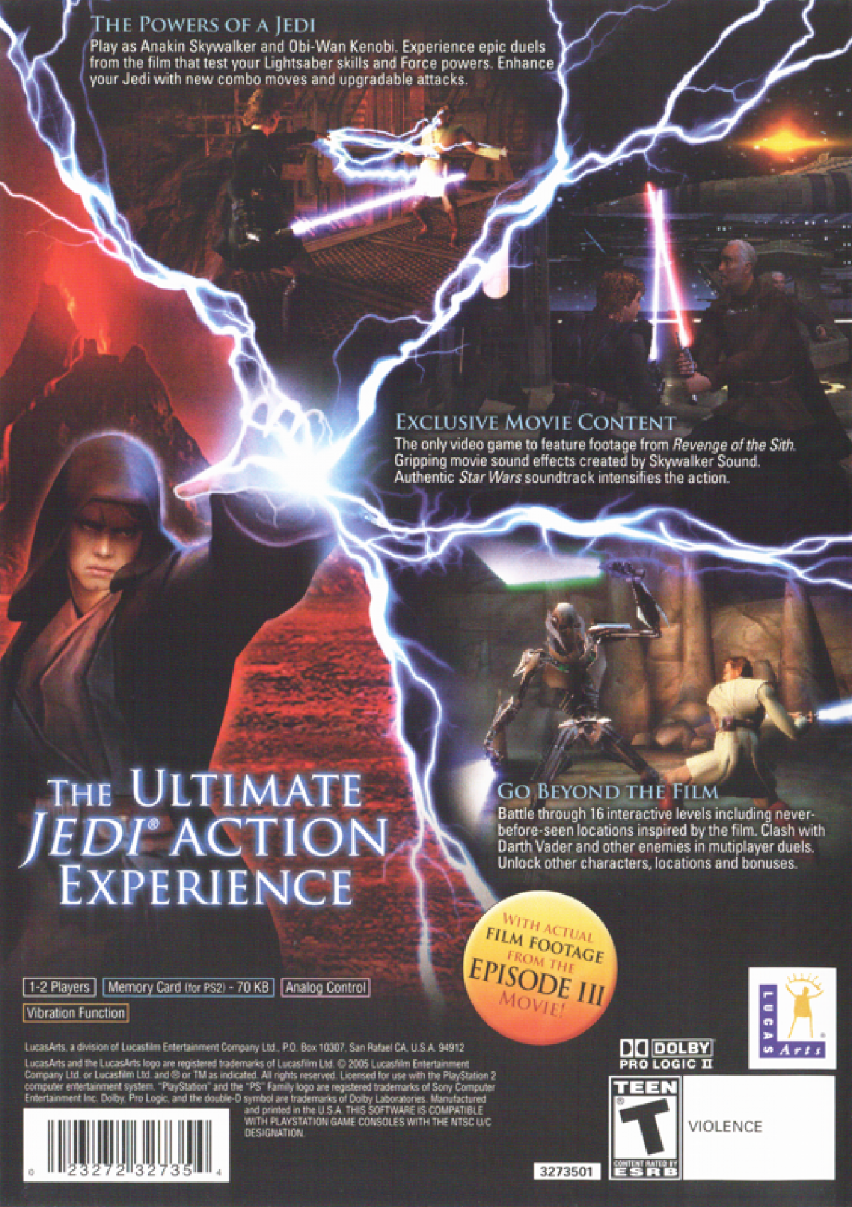 Star Wars: Episode III – Revenge of the Sith – PlayStation 2 (PS2) video game back of case, action-adventure lightsaber combat.