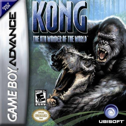 Kong 8th Wonder of the World for Game Boy Advance (GBA), cover image for a retro video game featuring action-adventure gameplay, side-scrolling combat, jungle exploration, movie-inspired battles, and creature-based challenges