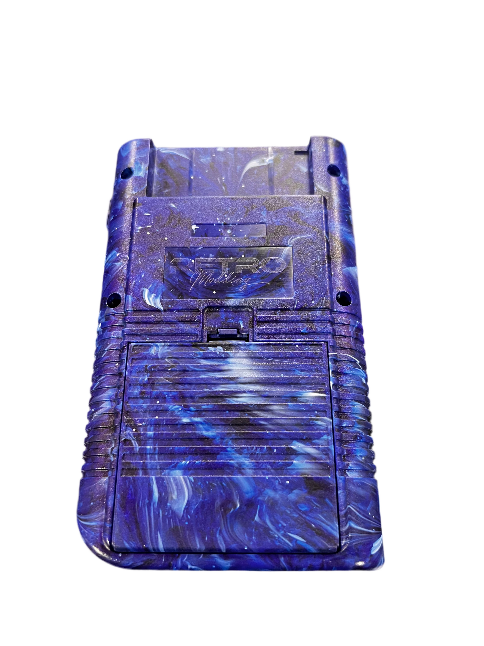 Back view of a custom original Game Boy with a blue replacement shell, showing the battery cover, cartridge slot, and rear casing details.