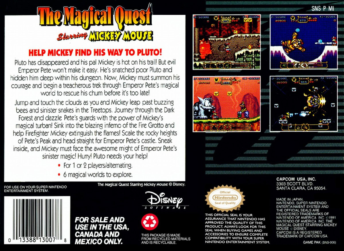 LocalID_6734Retro Magical Quest Starring Mickey Mouse SNES inspired design featuring classic Disney platform adventure aesthetic colorful side scrolling gameplay whimsical fantasy worlds charming cartoon visuals Capcom action platformer nostalgic Super Nintendo presentation gameplay back art 
