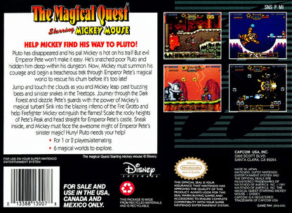 LocalID_6734Retro Magical Quest Starring Mickey Mouse SNES inspired design featuring classic Disney platform adventure aesthetic colorful side scrolling gameplay whimsical fantasy worlds charming cartoon visuals Capcom action platformer nostalgic Super Nintendo presentation gameplay back art 