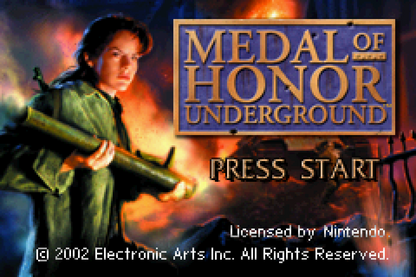 Medal of Honor Underground for Game Boy Advance, title screen for a first-person shooter video game with World War II combat, mission-based gameplay, stealth elements, and military action