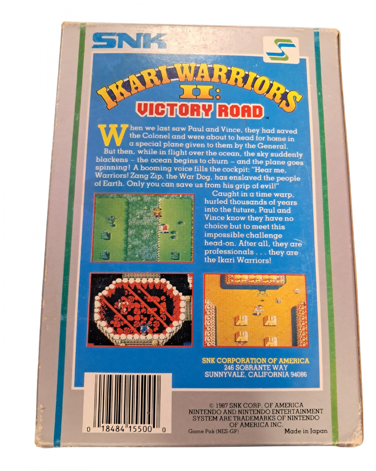 Ikari Warriors II Victory Road for Nintendo Entertainment System top down run and gun shooter featuring military combat enemy soldiers vehicles weapon upgrades and cooperative arcade style gameplay back cover