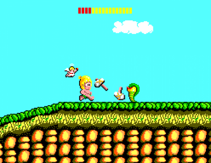 Wonder Boy Sega Master System SMS for classic platforming adventure video game fans featuring side scrolling action colorful environments challenging levels enemy battles power ups fruit collectibles skateboarding sections and fast paced arcade style gameplay collectible retro gaming appeal gameplay