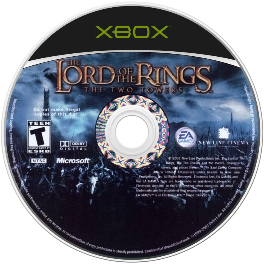 The Lord of the Rings The Two Towers Xbox video game, action adventure, fantasy combat, movie tie-in gameplay, classic console title disc art