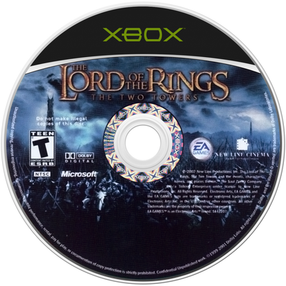The Lord of the Rings The Two Towers Xbox video game, action adventure, fantasy combat, movie tie-in gameplay, classic console title disc art