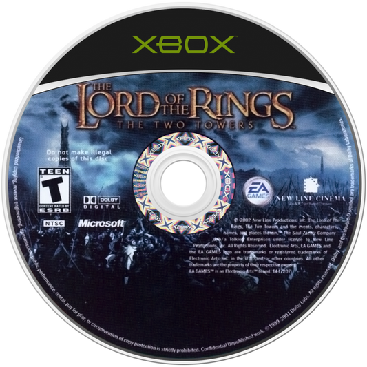 The Lord of the Rings The Two Towers Xbox video game, action adventure, fantasy combat, movie tie-in gameplay, classic console title disc art