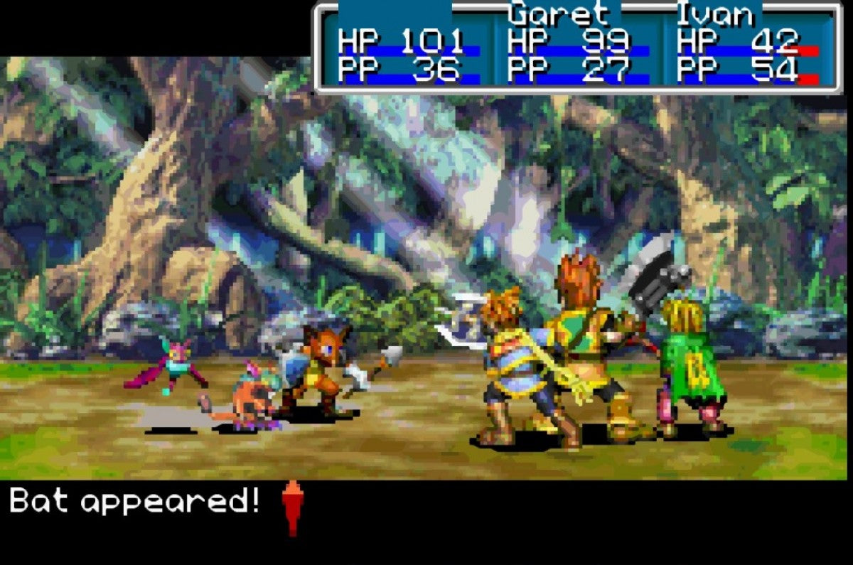 Golden Sun [CIB] for Game Boy Advance (GBA) featuring a classic turn-based RPG where you wield elemental Psynergy to solve puzzles and battle across a richly detailed world; customize your party with Djinn summons and uncover an epic story in this complete-in-box handheld favorite gameplay screenshot