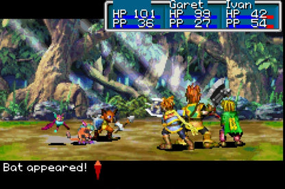 Golden Sun [CIB] for Game Boy Advance (GBA) featuring a classic turn-based RPG where you wield elemental Psynergy to solve puzzles and battle across a richly detailed world; customize your party with Djinn summons and uncover an epic story in this complete-in-box handheld favorite gameplay screenshot