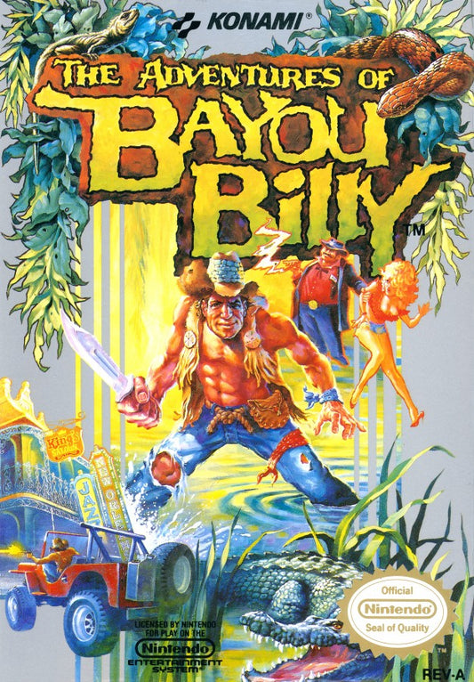 The Adventures of Bayou Billy cartridge for the Nintendo Entertainment System featuring 8 bit action gameplay with beat em up driving and shooting segments set in the Louisiana bayou with challenging arcade style difficulty front cover
