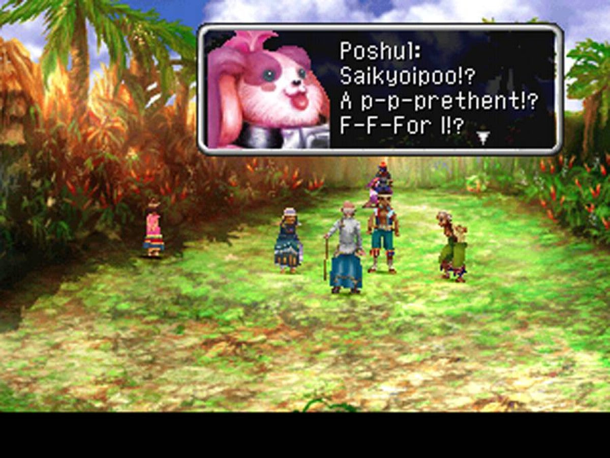 Retro Chrono Cross PS1 inspired design featuring classic JRPG fantasy aesthetic vintage PlayStation adventure surreal parallel worlds ensemble cast magical realism vibrant ocean island setting iconic Squaresoft storytelling nostalgic role playing game presentation gameplay