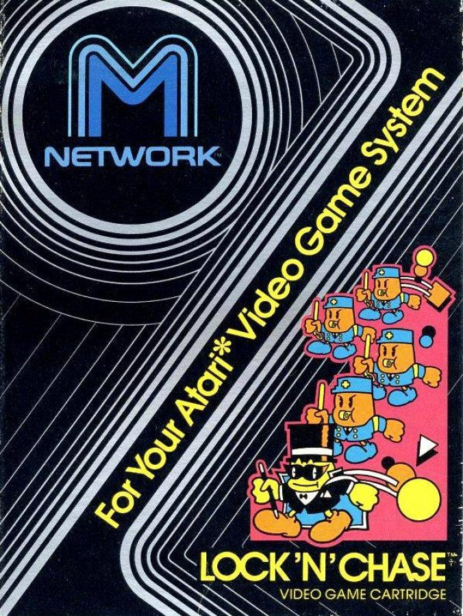 Lock 'N' Chase Atari 2600 inspired design featuring classic maze chase arcade gameplay aesthetic coin collecting action strategic escape challenges retro pixel graphics fast paced score chasing excitement vintage Atari gaming presentation front cover