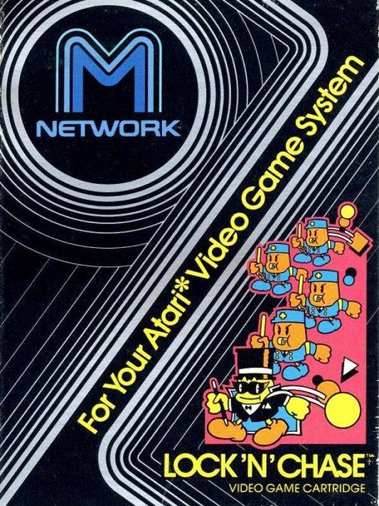 Lock 'N' Chase Atari 2600 inspired design featuring classic maze chase arcade gameplay aesthetic coin collecting action strategic escape challenges retro pixel graphics fast paced score chasing excitement vintage Atari gaming presentation front cover