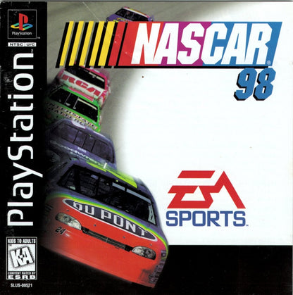 NASCAR 98 for PlayStation 1 racing sports video game featuring official NASCAR teams and drivers, realistic oval track racing, arcade and simulation modes, and classic console stock car experience cover art
