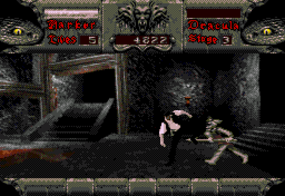 Bram Stokers Dracula Sega CD action platformer movie tie in based on film gothic horror vampire combat side scrolling gameplay castle exploration enemies boss battles cinematic FMV cutscenes retro gaming Sega CD software video game title gameplay