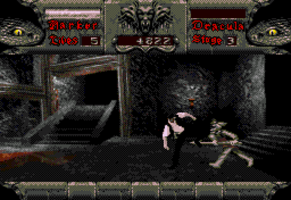 Bram Stokers Dracula Sega CD action platformer movie tie in based on film gothic horror vampire combat side scrolling gameplay castle exploration enemies boss battles cinematic FMV cutscenes retro gaming Sega CD software video game title gameplay