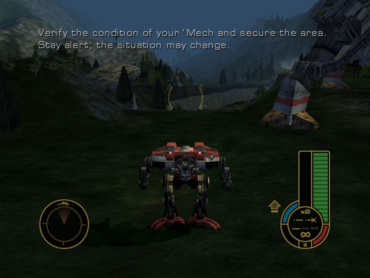 MechAssault for Xbox (XBOX) featuring explosive third-person vehicular combat that puts you in the cockpit of a towering BattleMech to rain destruction across fully destructible environments; as a pilot of the Wolf's Dragoons, you'll utilize a devastating arsenal of lasers and missiles to crush your enemies in this groundbreaking title that defined early Xbox action gameplay screenshot