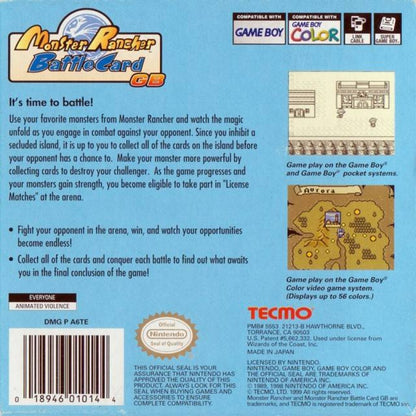 Monster Rancher Battle Card Game Boy Color GBC video game featuring monster collecting card battle gameplay strategic deck building creature cards turn based battles monster training collectible card combinations tactical combat rival duels fantasy creatures and classic Nintendo handheld gaming retro video game collection collectible gaming appeal back cover art