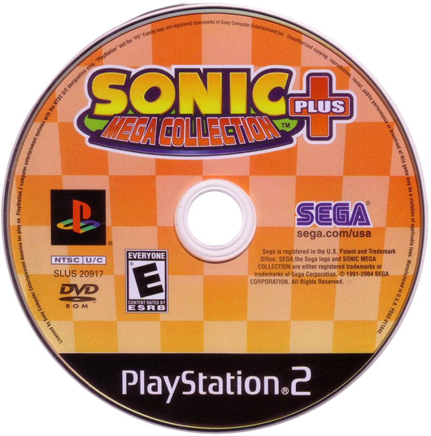 Sonic Mega Collection Plus – PlayStation 2 (PS2) video game cover disc, platformer and compilation.