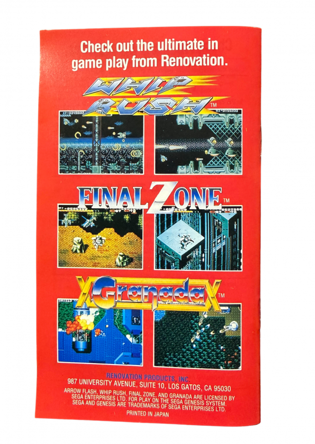 Arrow Flash Sega Genesis video game cartridge classic 16 bit shoot em up action game for retro gaming collectors Sega fans vintage video game enthusiasts Genesis game collection classic video games and retro gaming fans back of manual
