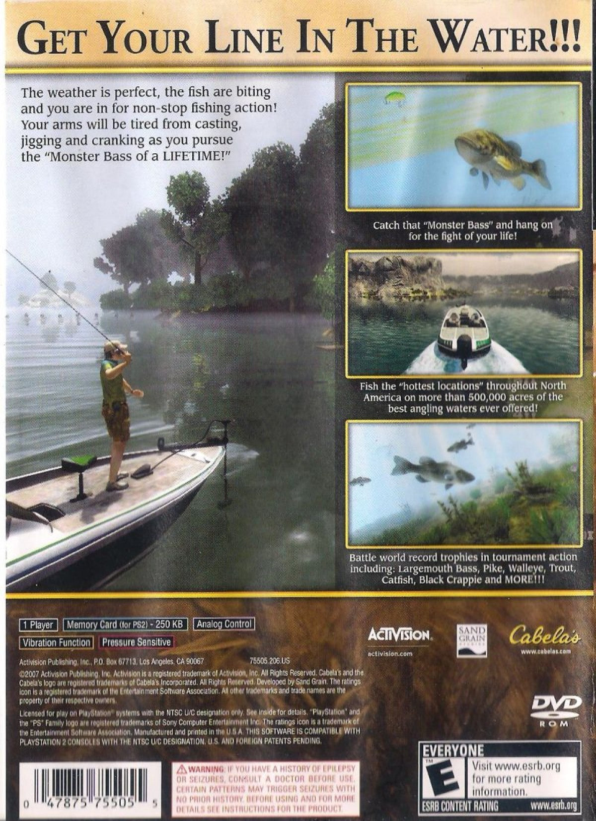 Cabela’s Monster Bass for PlayStation 2 with freshwater fishing and trophy bass angling theme back cover art