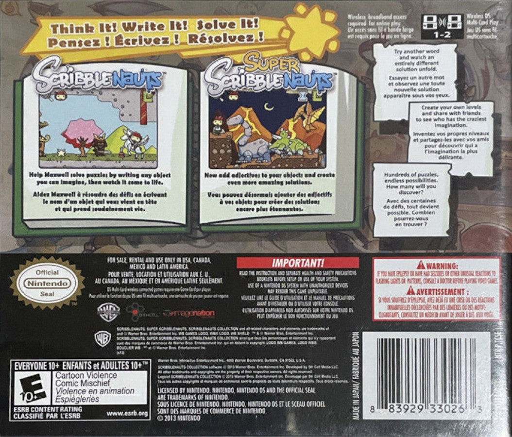 Scribblenauts Collection Nintendo DS puzzle action game word based gameplay summon objects Maxwell adventure creative problem solving open ended puzzles 5th Cell WB Games touch screen stylus controls Nintendo DS software video game title back art 