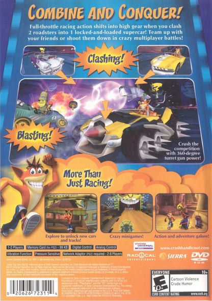 Crash Tag Team Racing for PlayStation 2 (PS2) featuring the hilarious fusion of high-speed racing and platforming adventure where you can "clash" your vehicle with an opponent's to create a powerful hybrid turret-car; explore Von Clutch's Motor World on foot, solve puzzles, and collect Power Gems in this wacky, combat-heavy twist on the Crash Bandicoot racing formula back cover