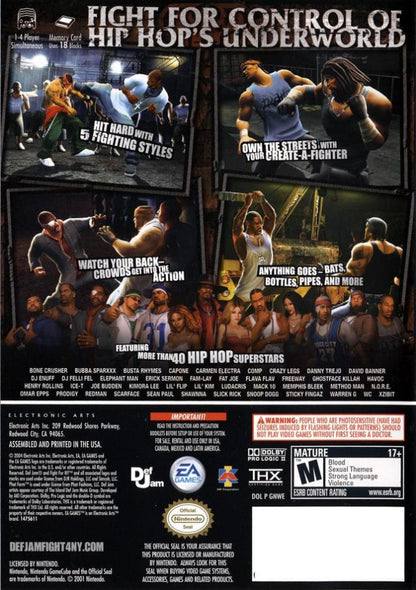 Def Jam Fight for NY Nintendo GameCube GC for fighting action video game fans featuring hip hop inspired street fighting intense hand to hand combat wrestling and martial arts styles story driven career mode character customization famous music artists multiplayer battles and urban fighting gameplay collectible gaming appeal back cover art