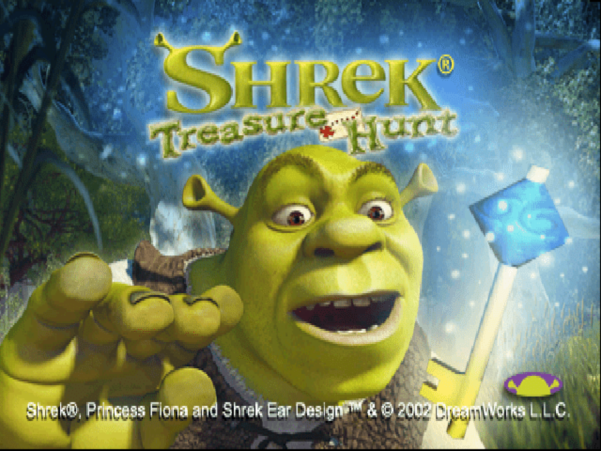 Shrek: Treasure Hunt title card for PlayStation 1 (PS1) family adventure video game