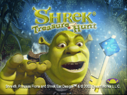 Shrek: Treasure Hunt title card for PlayStation 1 (PS1) family adventure video game