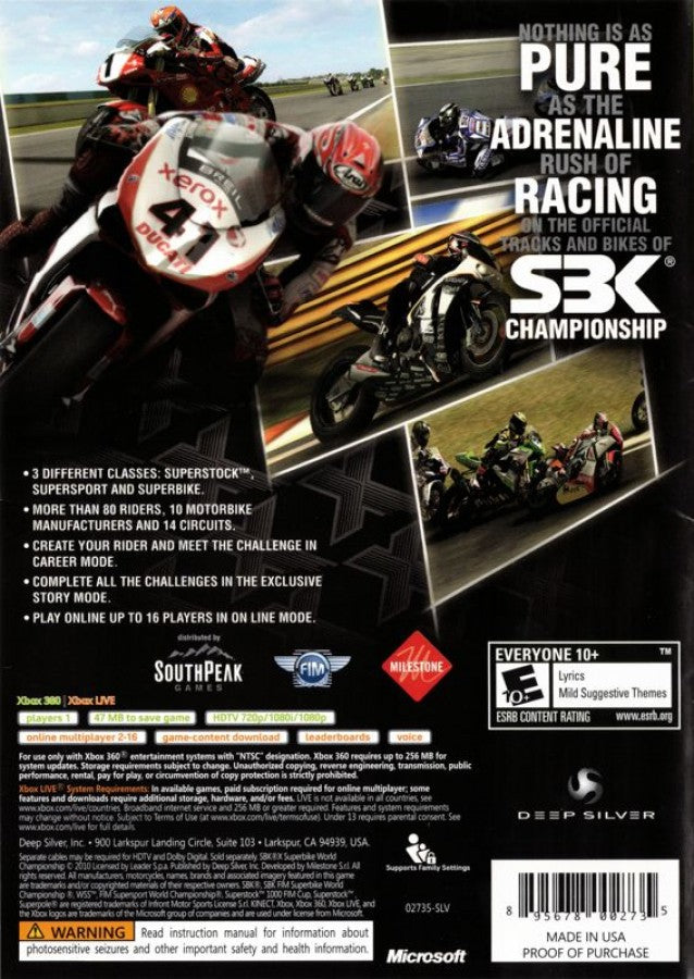 SBK X: Superbike World Championship back of case for Xbox 360 (X360) motorcycle racing video game