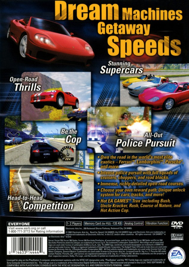 Need for Speed Hot Pursuit 2 PlayStation 2 PS2 for arcade racing video game fans featuring high speed exotic cars police pursuits intense chases customizable vehicles challenging race events shortcuts and scenic tracks police roadblocks and classic EA racing gameplay collectible gaming appeal back cover art