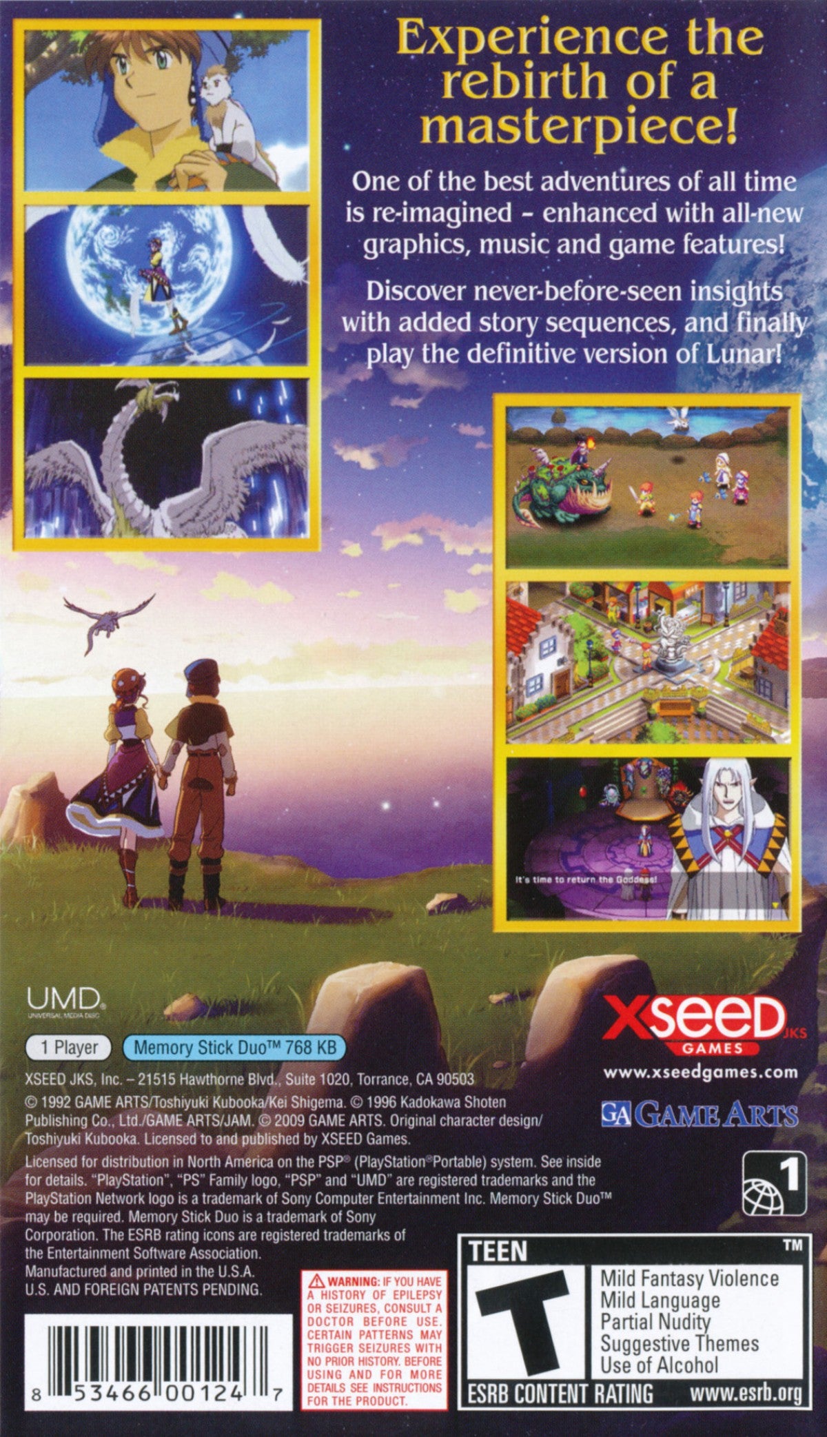 Lunar Silver Star Harmony PlayStation Portable PSP inspired design featuring classic JRPG fantasy adventure aesthetic beautifully remastered anime style visuals heartfelt storytelling magical world exploration turn based combat character driven narrative and timeless role playing presentation back cover