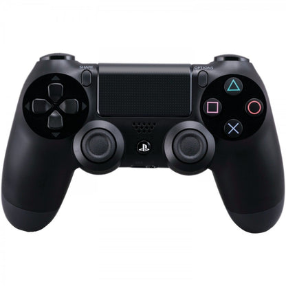 Black Sony DualShock 4 wireless controller for PlayStation 4 featuring touchpad, light bar, analog sticks, and ergonomic design