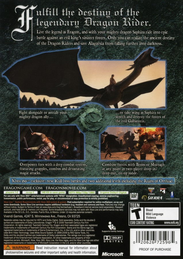 Eragon back of case for Xbox 360 (X360) fantasy action-adventure video game