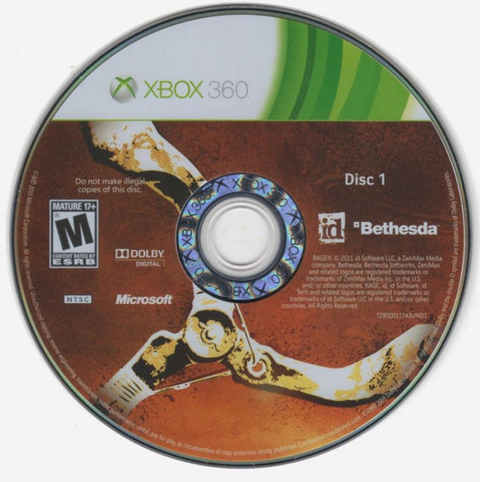 Rage disc 1 for Xbox 360 (X360) post-apocalyptic first-person shooter video game