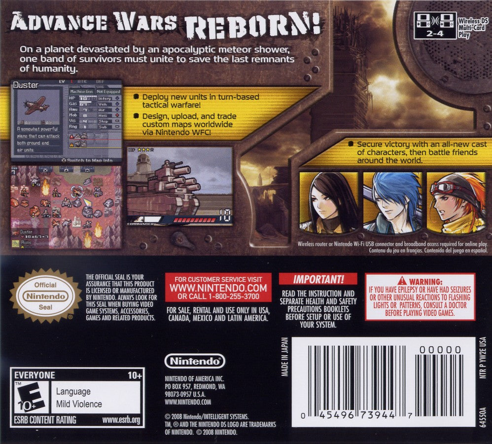 Advance Wars Days of Ruin Nintendo DS game featuring turn based strategy gameplay with grid based combat unit customization and tactical warfare in a post apocalyptic setting back cover 