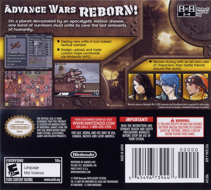 Advance Wars Days of Ruin Nintendo DS game featuring turn based strategy gameplay with grid based combat unit customization and tactical warfare in a post apocalyptic setting back cover 