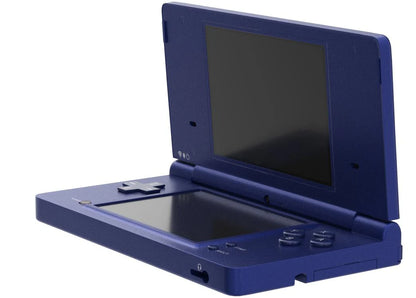 Metallic blue Nintendo DSi handheld gaming console for portable Nintendo games open showing dual screens