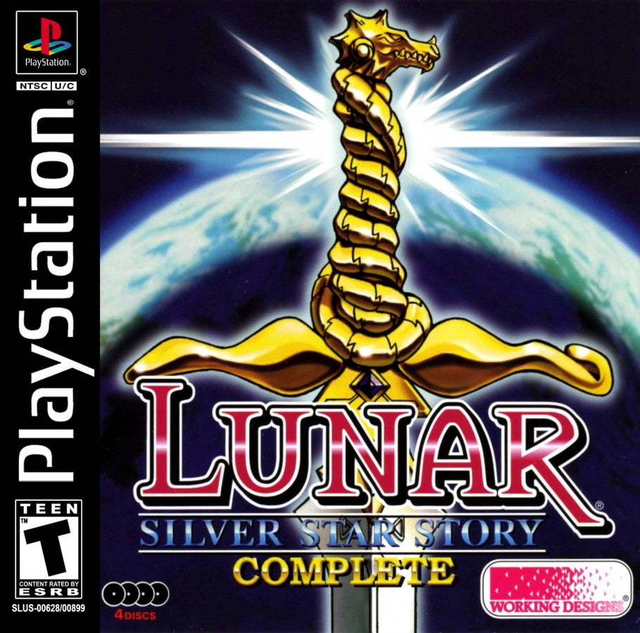 Lunar: Silver Star Story Complete for PlayStation 1 4 disc JRPG set including game discs making of disc and soundtrack featuring anime cutscenes turn based combat fantasy adventure story front cover 