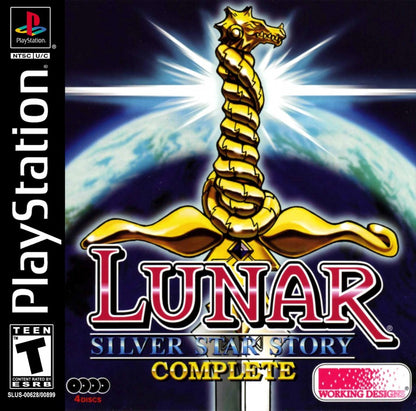 Lunar: Silver Star Story Complete for PlayStation 1 4 disc JRPG set including game discs making of disc and soundtrack featuring anime cutscenes turn based combat fantasy adventure story front cover 
